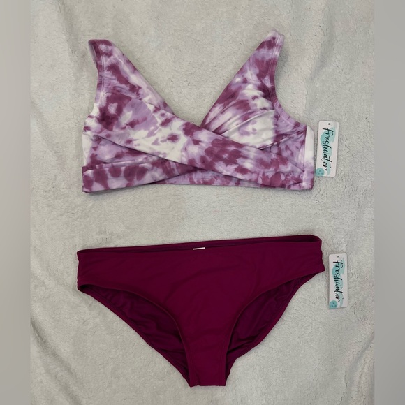Other - Women’s Bikini Size XL by Freshwater Burgundy Tie Dye Top and Solid Bottoms NWT